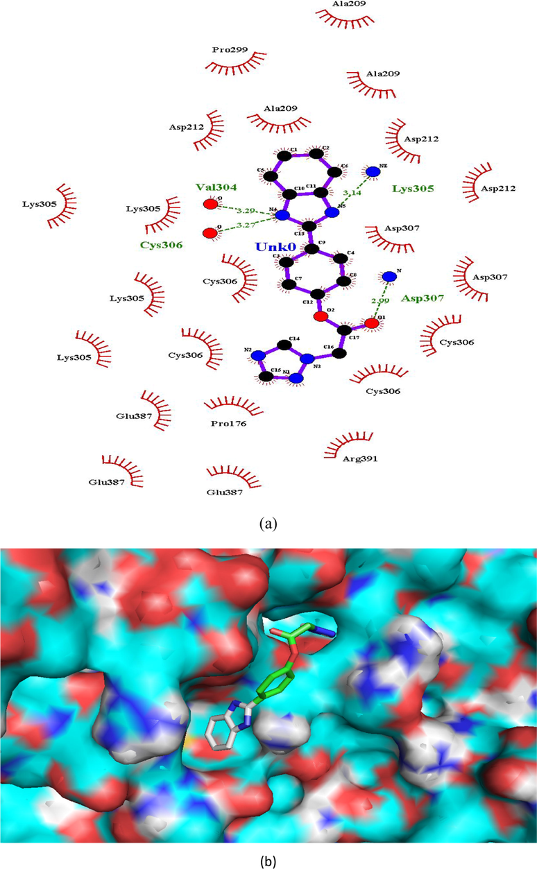 (a and b). Ligand interaction diagram of compound 1 in β-tubulin (a) 2D and (b) 3D view.