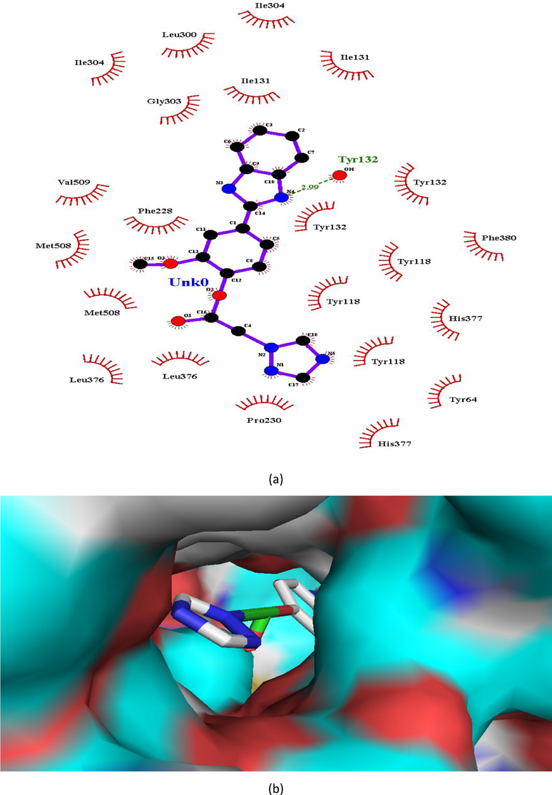 (a and b). Ligand interaction diagram of compound 4 in lanosterol 14α-demethylase (a) 2D and (b) 3D view.