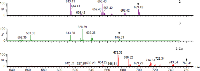 Product ion spectra of the [M+H]+ ions of compounds 2, 3 and 2-Cu; * – precursor ion.