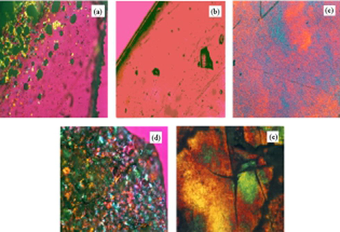 Optical textures observed patterns of complex (a) crystalline La(oct-ala)3 ∙H2O; (b) glassy La(oct-ala)3∙H2O; (c) crystalline La(oct-phe)3·1.5H2O; (d) liquid crystalline La(oct-phe)3·1.5H2O; (e) liquid crystalline La(oct-ser)3 ∙3H2O.