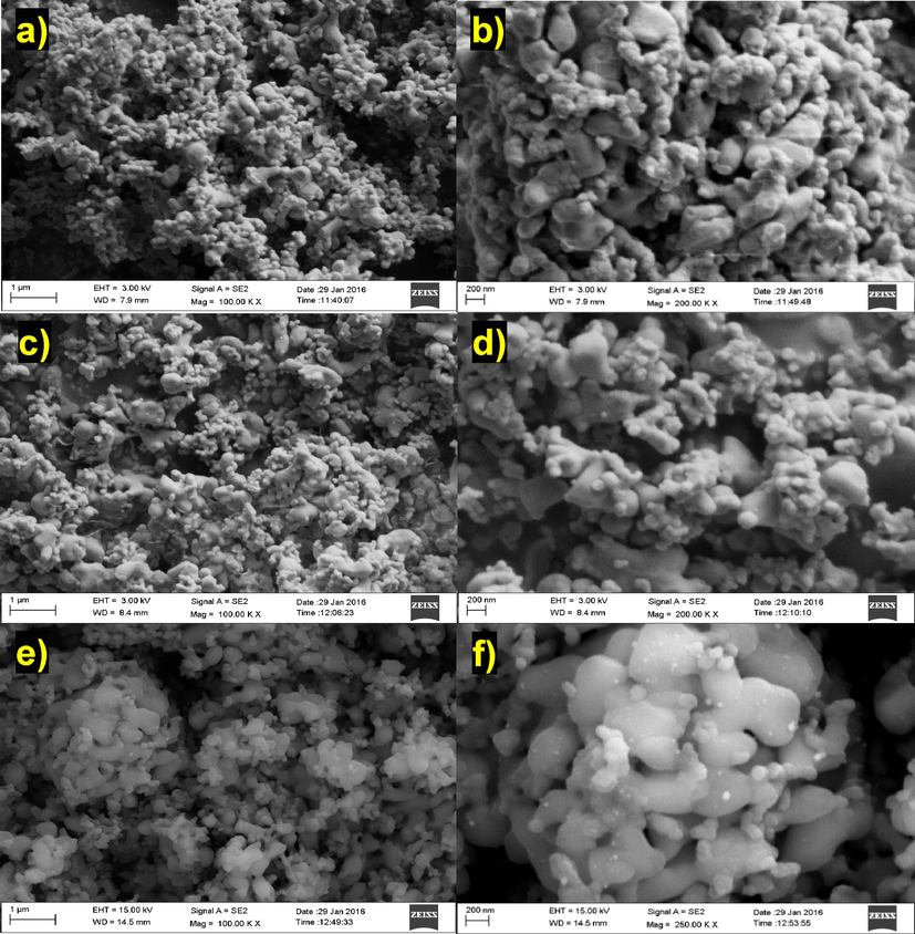 FE-SEM images of (a-b) B-HAp, (c-d) B-HAp-Ag-5, and (e-f) B-HAp-Ag-10 sample.