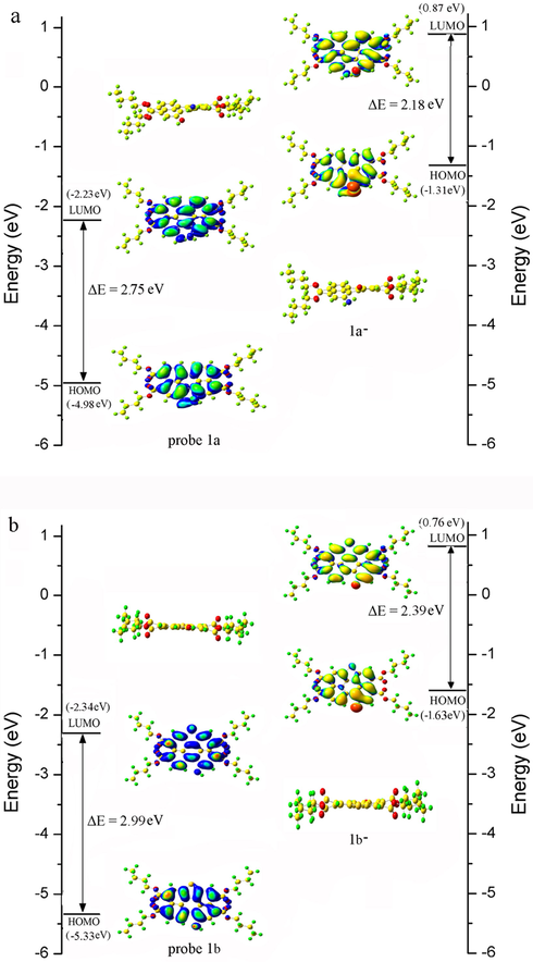 Energy diagram of HOMO and LUMO orbital of (a) probe 1a and (b) probe 1b and their corresponding negatively charged forms calculated at the DFT level using a B3LYP/6-31G* basis set.