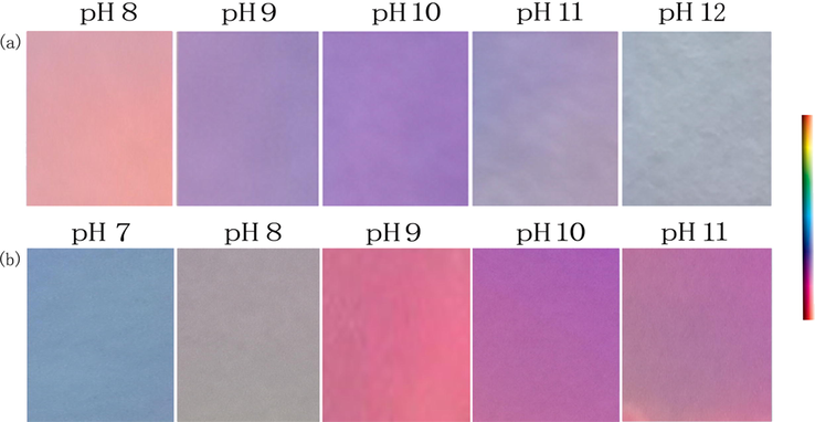 Photographs of test strips of 1a (a) and 1b (b) at various pH irradiated at 365 nm with a hand-held lamp.