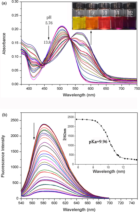 Absorption and fluorescence spectra of 1a (10 μM) in acetonitrile at varied pH. (a) Absorption spectra. The inset shows pH-dependent photograph of the sample. (b) Emission spectra (λex = 533 nm). The inset shows sigmoidal fitting of pH-dependent fluorescence intensity at 582 nm and pH-dependent photograph under UV light (λex = 365 nm).