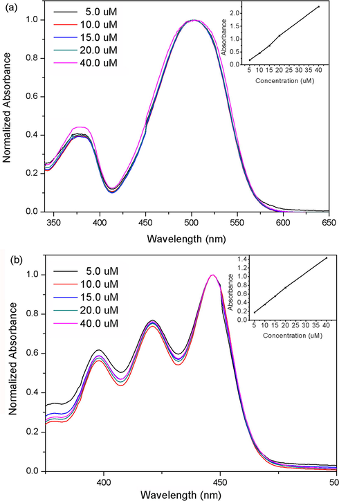 Normalized absorption spectra of probes 1a (a) and 1b (b) in acetonitrile. The insert show the linear relationship of absorption intensity and concentration.