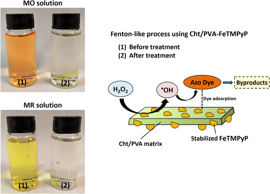 Illustrative scheme of the azo dye degradation catalyzed by Cht/PVA-FeTMPyP film.