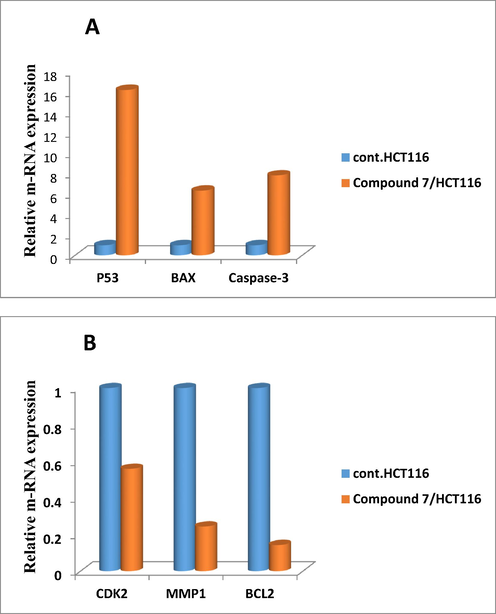 Relative gene expression representation of apoptotic proteins A (BAX, P53, and Caspase-3) and anti-apoptotic protein B (BCL2, MMP1, and CDK2) for colon cancer cell lines treated with compound 7, versus control using real time PCR tool.