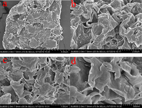 FESEM of bentonite powder images at different magnifications (a–d).