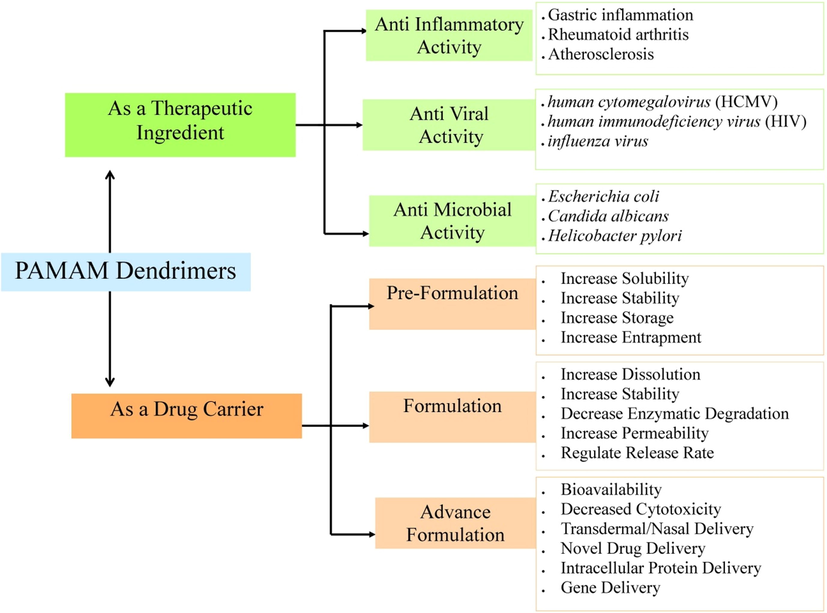 Schematic representation of the potent application of PAMAM dendrimer as a therapeutic agent and as a drug carrier.