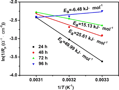 The plots of ln(1/Rp) vs. 1/T of AZ91D magnesium alloy at different immersion time in distilled water.