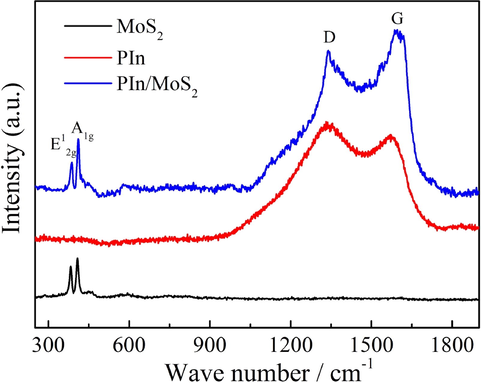 Raman spectra of PIn, MoS2 and PIn/MoS2 nanocomposite.