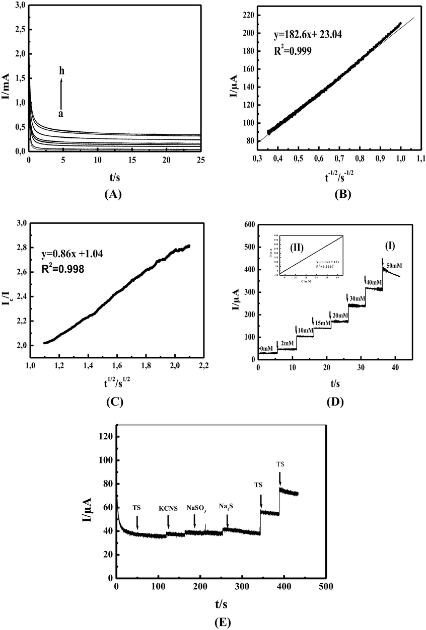 (A): Chronoamperogramm of MCPE in 0.1 M NaOH at 600 mV/SCE and different concentration of thiosulfate. (a) 0, (b) 2, (c) 5, (d) 15, (e) 20, (f) 30, (g) 40, and (h) 50 mM. (B): Dependency of the net current on the minus square root of time in 0.1 M NaOH and 10 mM TS. (C): Dependency of the Ic/I on the square root of time. In 0.1 M NaOH and in absence and presence 10 mM TS. (D): (I) Chronoamperogram of MCPE in 0.1 M NaOH at 600 mV/SCE and after successive addition of thiosulfate. (a) 0, (b) 2, (c) 5, (d) 15, (e) 20, (f) 30, (g) 40, (h) 50 mM. (II) Inset: Dependency of transient current on the thiosulfate concentration. (F): Chronoamperogram of MCPE in 0.1 M NaOH at 600 mV/SCE firstly in presence of 5 mM TS and after successive addition of 500 µM SCN–, SO32− and S2– interferon’s respectively, followed by twice successive addition of 2.5 mM TS.