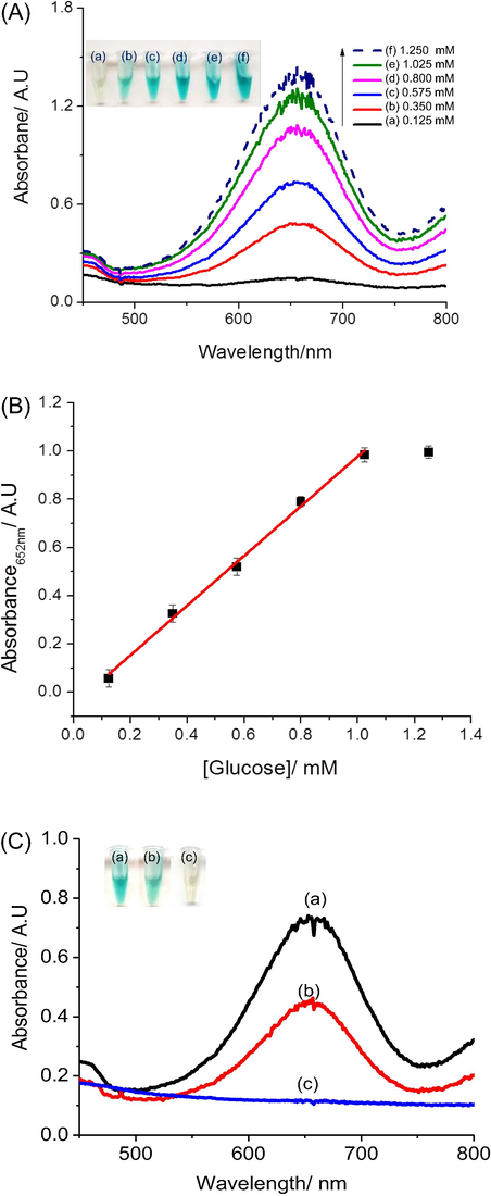 (A) UV–Vis spectra of the AgNPs@rGO/GOx/TMB test for various glucose concentrations; (B) Corresponding calibration curve. Experimental conditions: 2 mg mL−1 GOx in 100 μL solution at pH 4.5. Reaction time: 30 min, (C) UV–vis spectra obtained from the AgNPs@rGO/GOx/TMB glucose test for (a) 0.575 mM glucose added in 50 μL PBS; (b) 50 μL of 10 times diluted human serum; (c) 50 μL H2O (Inset: color of solution in corresponding Eppendorfs).