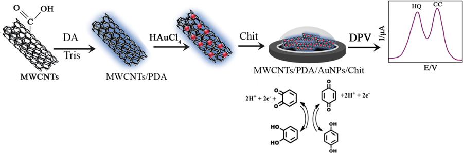 Schematic representation of MWCNTs/PDA/AuNPs/Chit sensor for simultaneous detection of two isomers (Wang et al., 2016).