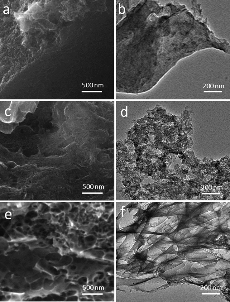 FESEM (a, c, e) micrographs and TEM (b, d, f) images of WANC (a and b), ZnNC (c and d), and NaNC (e and f) samples.