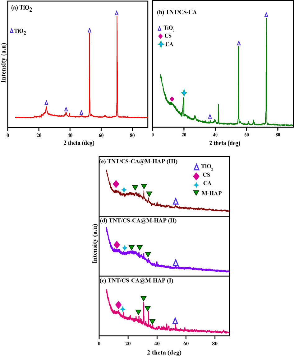 XRD spectra of (a) TNT (b) TNT/CS-CA (c) TNT/CS-CA@ M-HAP (I) (d) TNT/CS-CA@ M-HAP (II) (e) TNT/CS-CA@ M-HAP (III) coatings on Ti substrate.