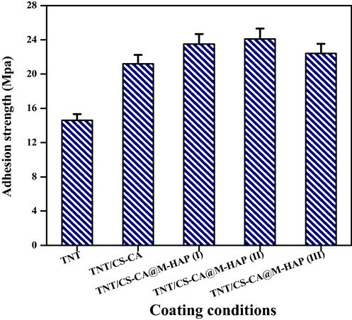 Adhesion strength of various coated samples on Ti specimen.