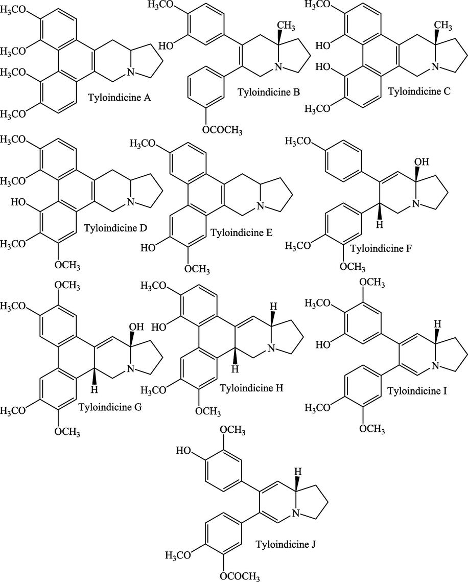 Structures of important tyloindicine phenanthroindolizidine alkaloids.