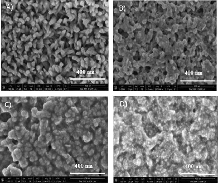 SEM images of Cu2FeSnS4 thin films prepared at A: N = 1, B: N = 2, C:N = 3, and D:N = 4.