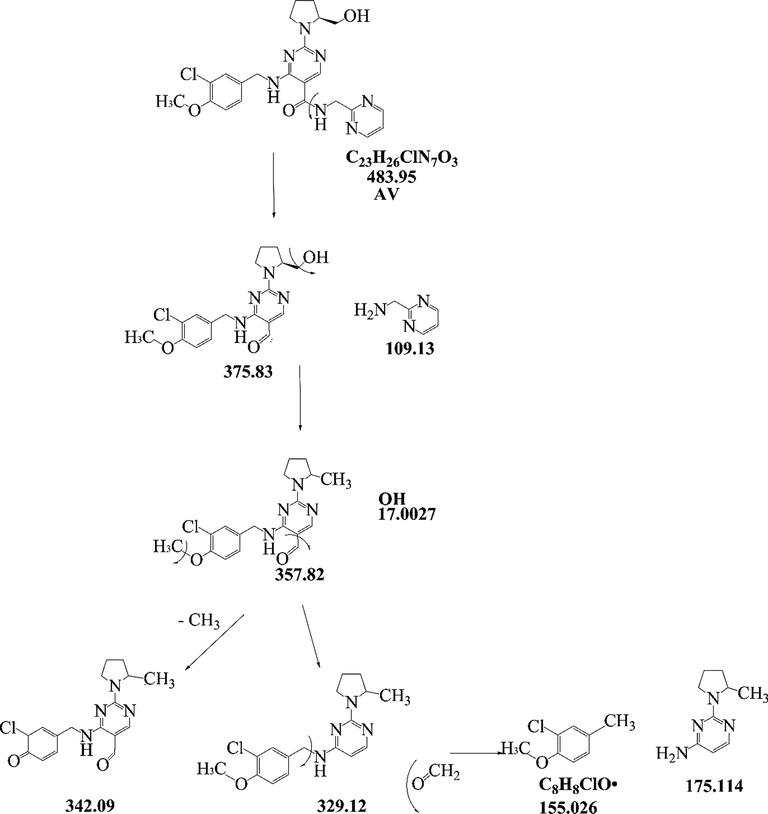 Proposed fragmentation pattern of AV.