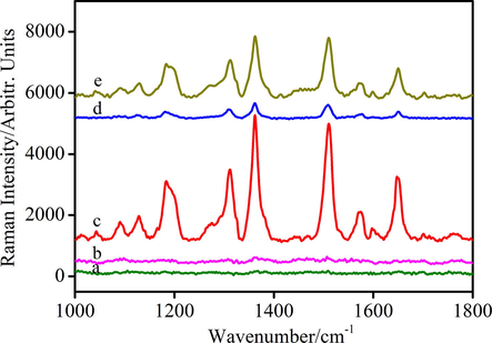 SERS spectra of R6G/AuNPs (a), R6G/AuNPs in PB solution (b) NaCl with R6G/AuNPs in PB solution (c), NaCl with R6G/GSH/AuNPs in PB solution (d), In the presence of Cd2+ (10 ppm) and NaCl with R6G/GSH/AuNPs in PB solution (e).