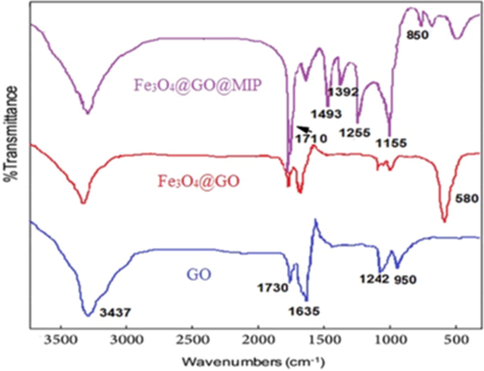 The FT-IR spectra of Fe3O4, Fe3O4@GO and Fe3O4@GO@MIP.