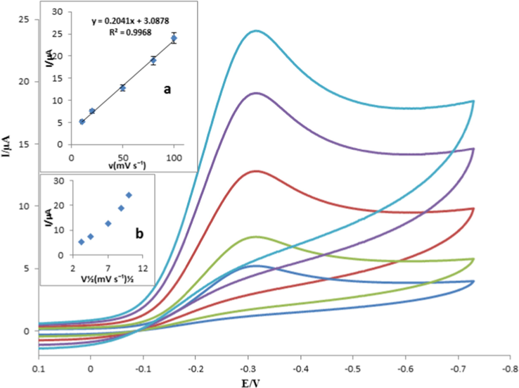 Cyclic voltammograms of 10.0 nM capecitabine at different scan rates of 10, 20, 50, 80 and 100 mV s−1. Inset: The dependence of the reduction peak current versus scan rate (a) and square root of scan rate (b).