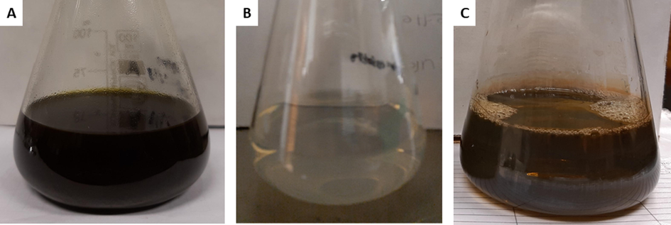 Photographs showing the color of whole plant ethanolic extract (A), Ag and Pt mixed solution (B), and colloidal AgPtNPs nanoparticles (C).