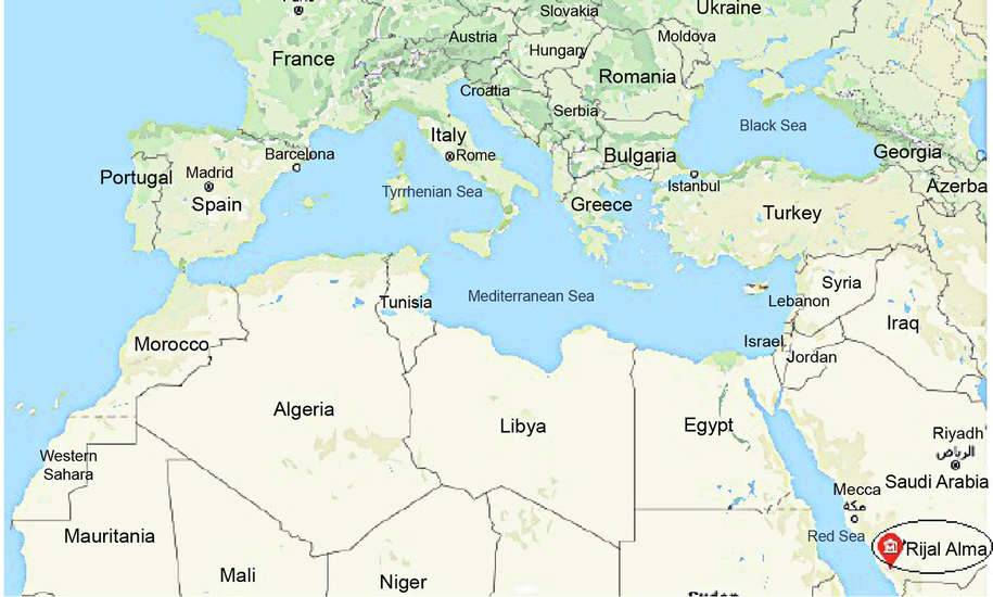 The study area was Rijal Alma region, Asir province which is located 45 km away from Abha city in western side that coordinates N 2015840.65 and E 211634.87. The Region Rijal Alma is a mountainous area bordered to the east by Al-Souda Center, and from the North Muhayil of Asir province.