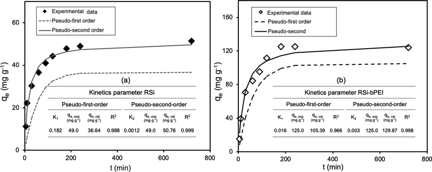 Kinetics plots for phosphate adsorption on RSi (a) and RSi-bPEI (b).