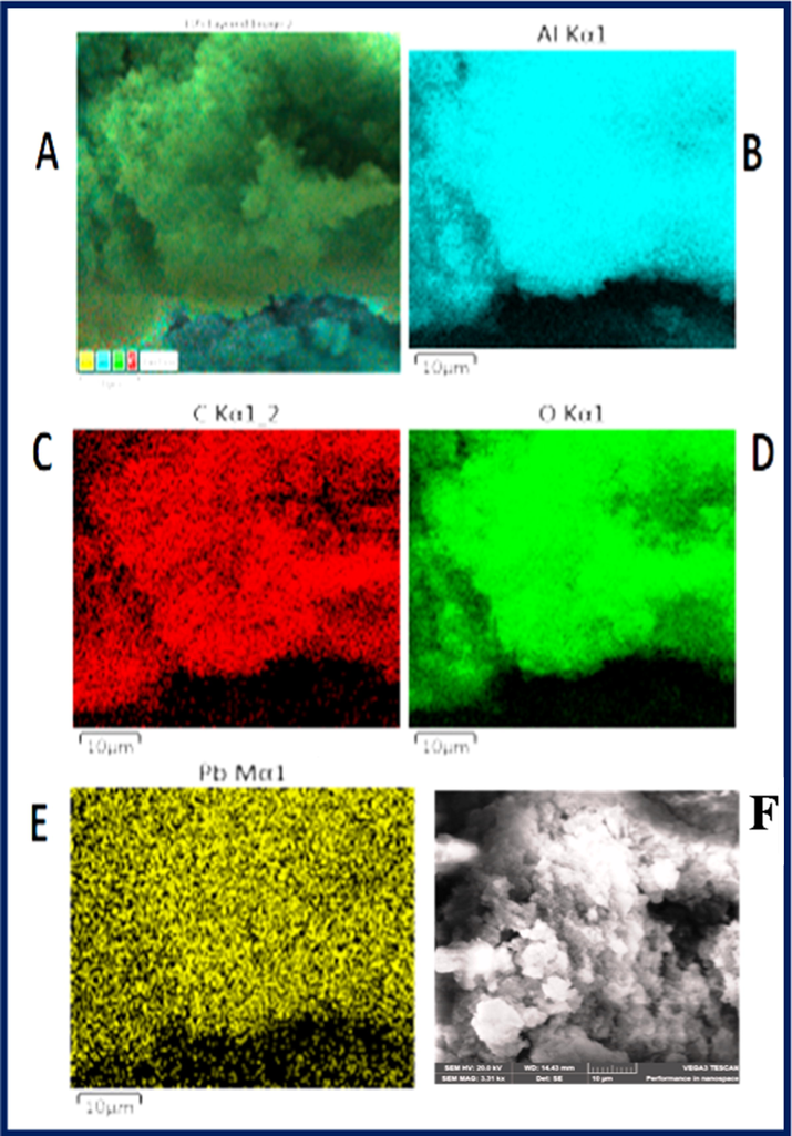 (A–F) Elemental mapping for Pb2+-CDs/Al2O3NFs nanocomposite (A) mapping image at 25 µm, (B) Al, (C) O, (D) C, (E) Pb2+ ions and (F) SEM image of CDs Pb2+-CDs/Al2O3NFs nanocomposite at 10 µm.