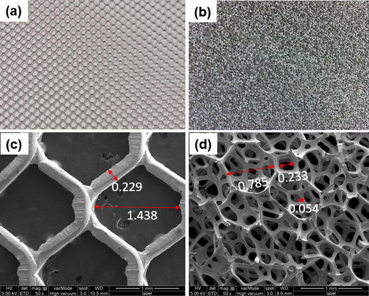 Pictures of fresh (a) Ni mesh (b) Ni foam (c) FESEM images of fresh Ni mesh and (d) Ni foam at 50x magnification.