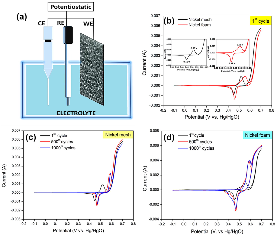 (a) Graphical setup for electrochemical characterization (b) CV curves of Ni mesh and Ni foam at first cycle (c) CV curves of Ni mesh at 1000 cycles and (d) CV curves of Ni foam at 1000 cycles at 10 mV s−1 in potential window of −0.1 to 0.7 V vs. Hg/HgO in 1 M KOH solution.