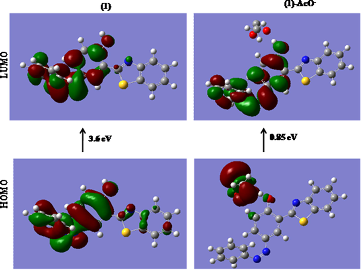 DFT computed energy level diagrams of HOMO and LUMO of (a) chemosensor 1 (b) chemosensor 1 with AcO-