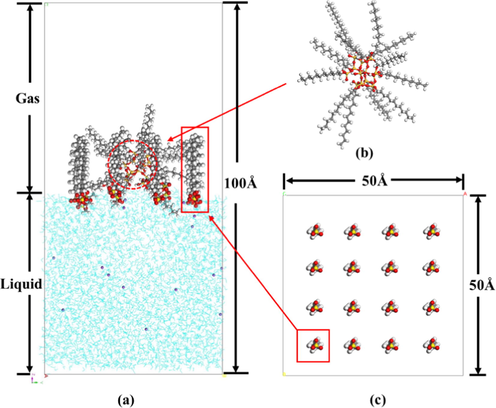 (a) Initial configuration; (b) SiO2 nanoparticle; (c) Surfactant layer. Atoms: Na in purple, Si in yellow, O in red, H in white, and C in gray.