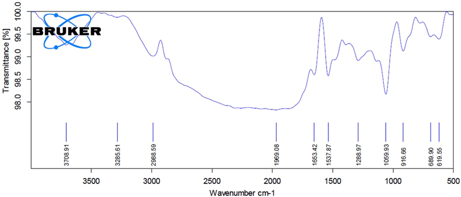 Fourier-transform infrared spectroscopy analysis of copper oxide nanoparticles synthesized using Abies spectabilis plant extract as reducing agent.