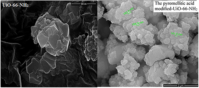 The scanning electron micrograph of UiO-66-N H 2 and the pyromellitic acid modified-UiO-66-NH2.