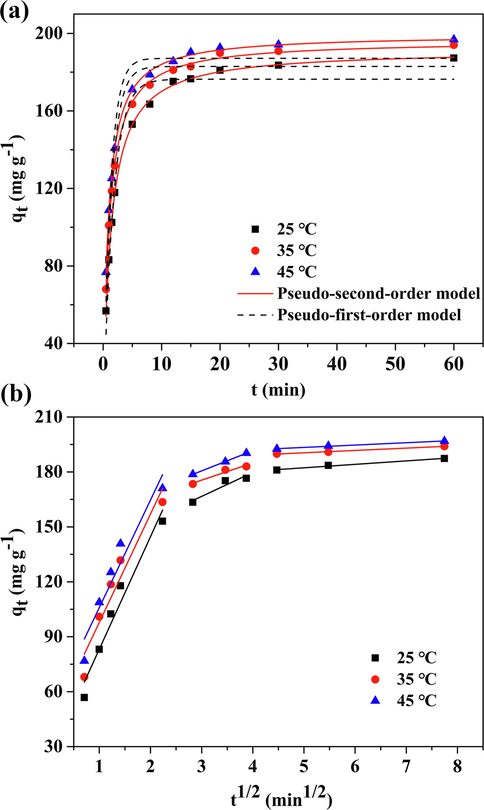 (a) Adsorption kinetics plots fitted with pseudo-first-order and pseudo second-order model and (b) intraparticle diffusion model for the adsorption of MB onto CM-β-CD-GO (100 mg L−1 MB, 0.5 mg mL−1 adsorbent dose, pH = 7.0).