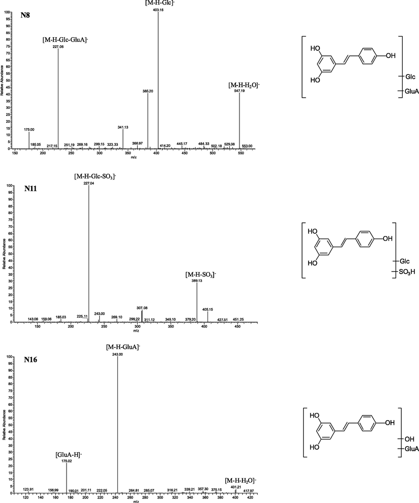 The ESI-MS2 spectra and chemical structures of N8, N11 and N16.