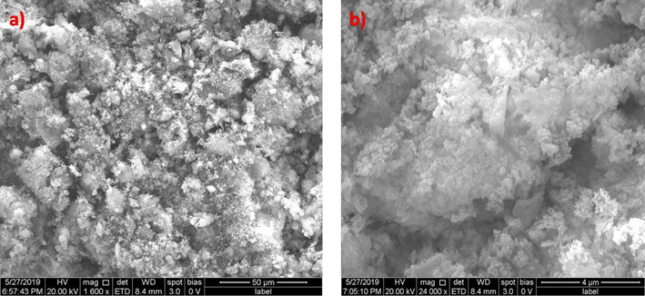 (a) & (b) SEM images of Silicon dioxide catalyst before advanced oxidation process.