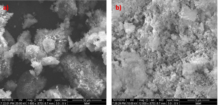 (a) & (b) SEM images of Silicon dioxide catalyst after advanced oxidation process.