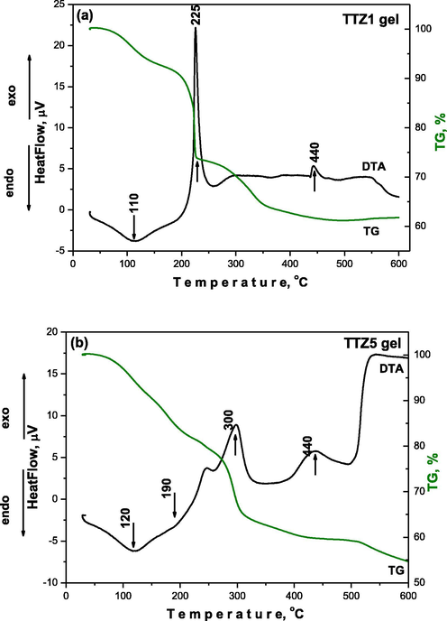 DTA/TG curves of two representative gels: (a) TTZ1 and (b) TTZ5.