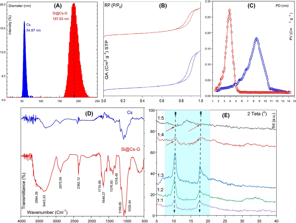 DLS of Cs and Si@Cs-G (A), N2 adsorption-desorption isotherms (B) and corresponding pore size distribution curves of Cs (blue line) and Si@Cs-G (red line) (C), FTIR of Cs and Si@Cs-G (D), XRD of Cs and Si@Cs-G with variation of APTES-G ratio (E).