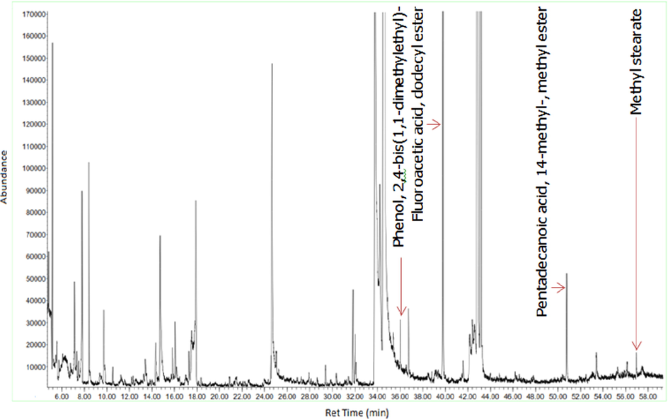 GC–MS chromatogram of the butanol fraction of D. suffruticosa methanol extract.