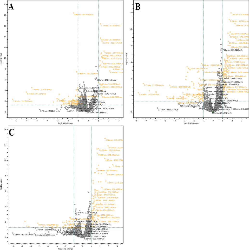 Volcano plots showing significantly distinctive features. (A) HS vs HCV, (B) HS vs CLD, and (C) HS vs HCC.