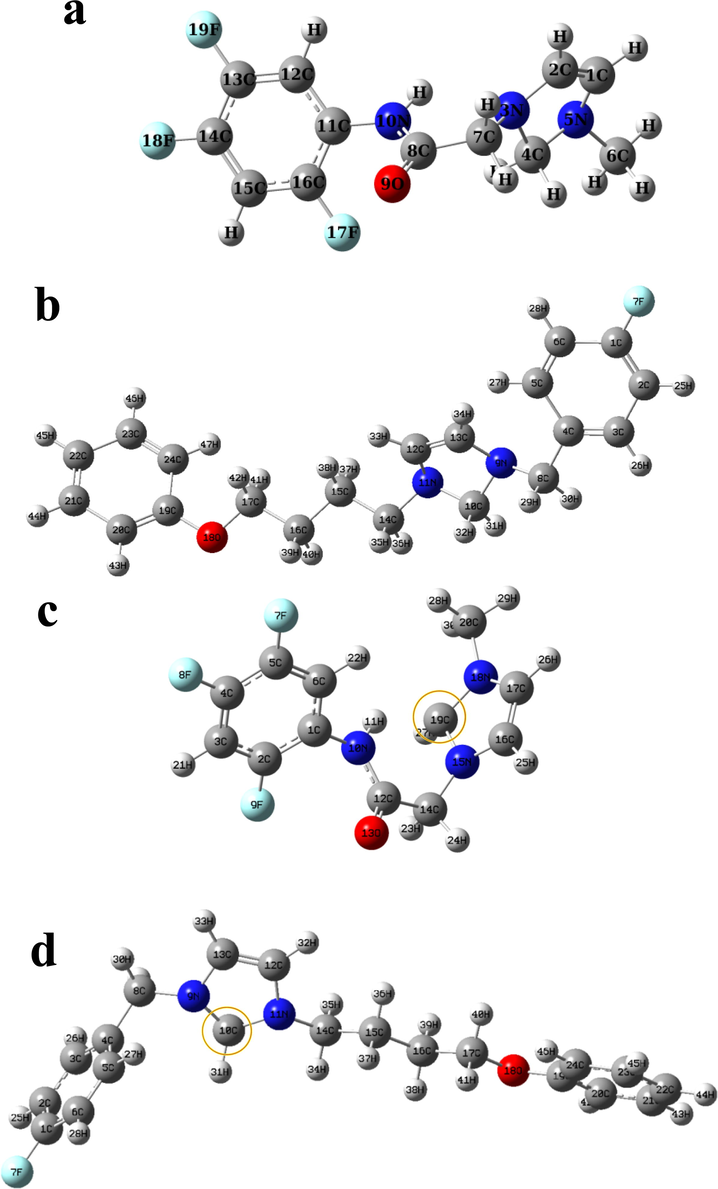 The optimized molecular structures of (a) [MOFIM]I neutral species, (b) [FPIM]Br neutral species, (c) [MOFIM]I cation species, (d) [FPIM]Br cation species.