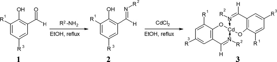 Synthesis of ligands 2 and their complexes 3 from precursor aryl aldehydes 1 upon treatment with amantadine. R1, R2 and R3 have been represented in Scheme 1.