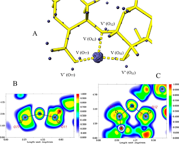 Attractor populations of the lone pairs of O11, O12, O77, magnesium core, and valence attractors (A). ELF diagrams for the Mg-(O77, O11) interaction (B) and for the Mg-(O11, O12, and O77) interaction (C).