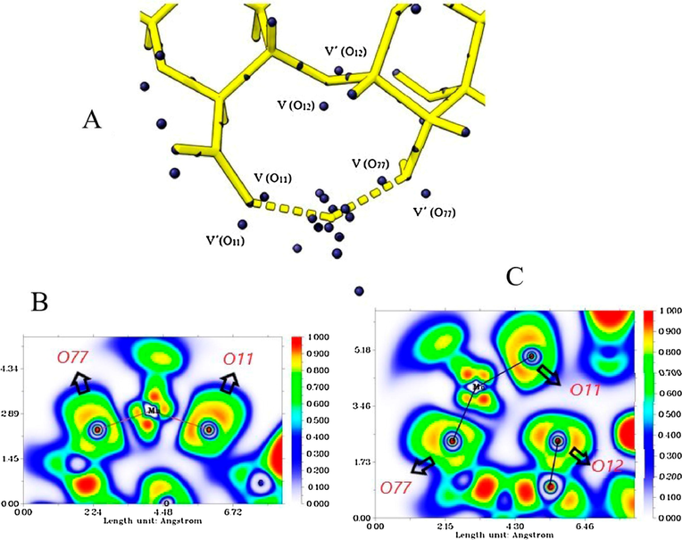 Attractor populations of the lone pairs of O11, O12, O77 and valence, and core attractors of manganese (A). ELF diagrams for the Mn-(O77, O11) interaction (B) and for the Mn-(O11, O12, O77) interaction (C).