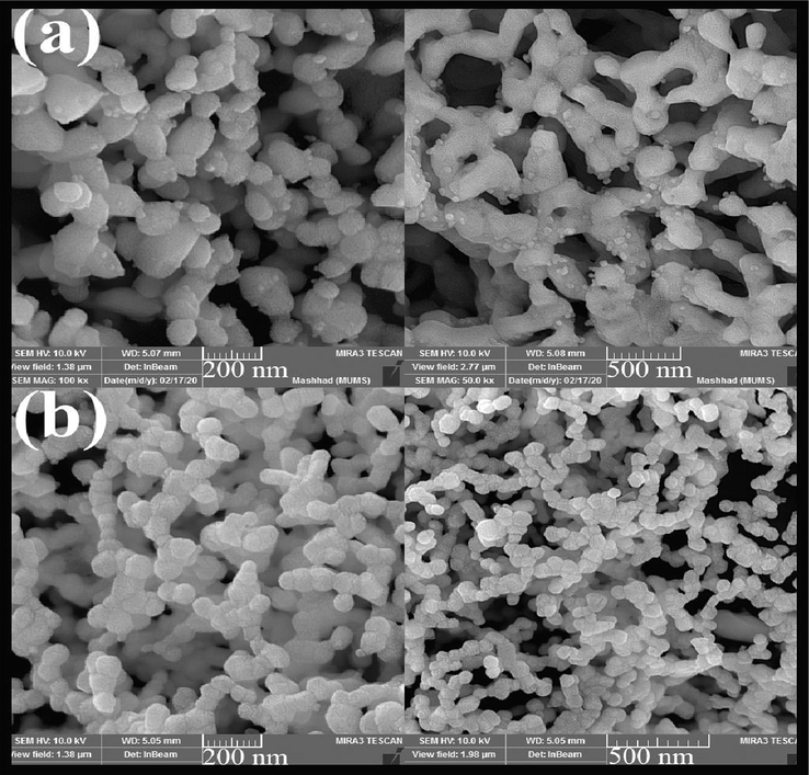 SEM images of Tb2CoMnO6 nanoparticles synthesised in the presence of different ratios of maltose to terbium (a) 1:2 and (b) 3:2.